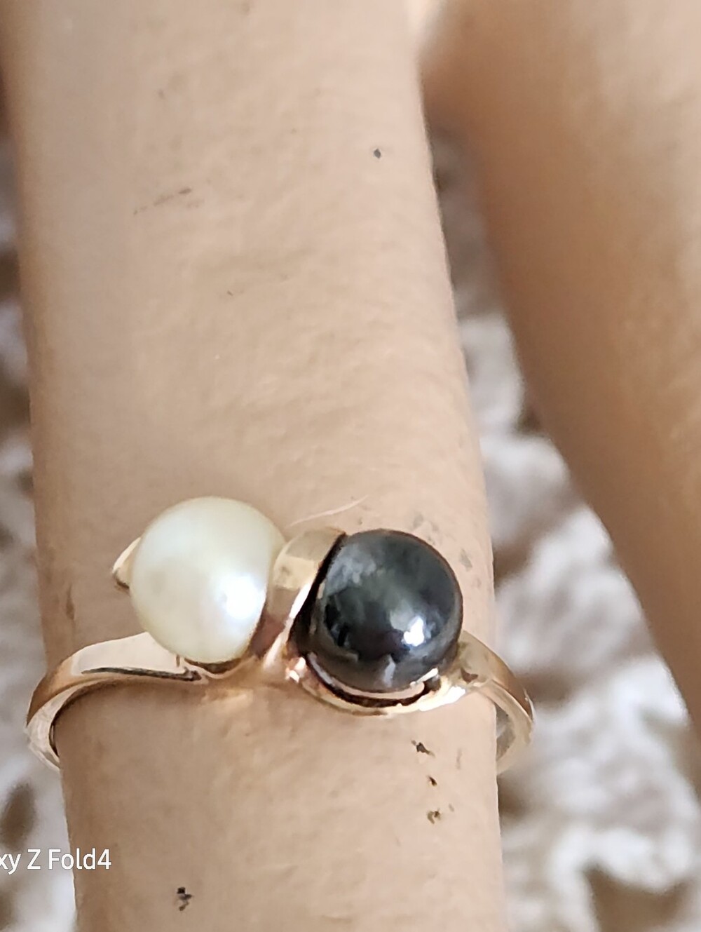 Gold Pearl Bypass Ring with White and Black Pearls 10K